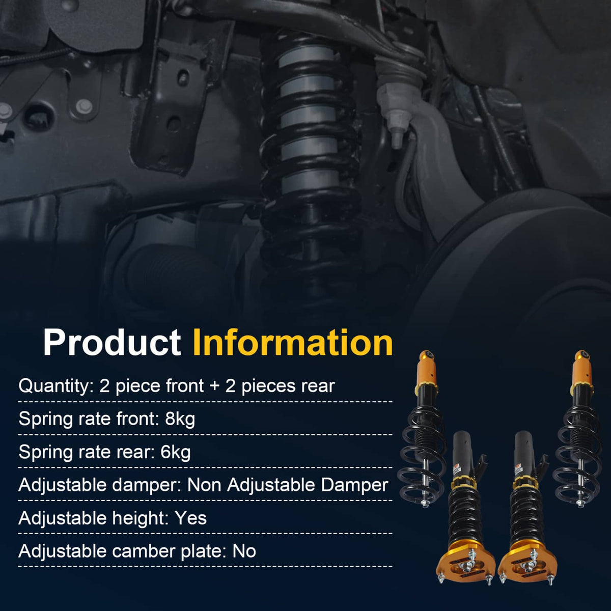 Coilover suspension kit shown with front and rear strut assemblies, black and gold