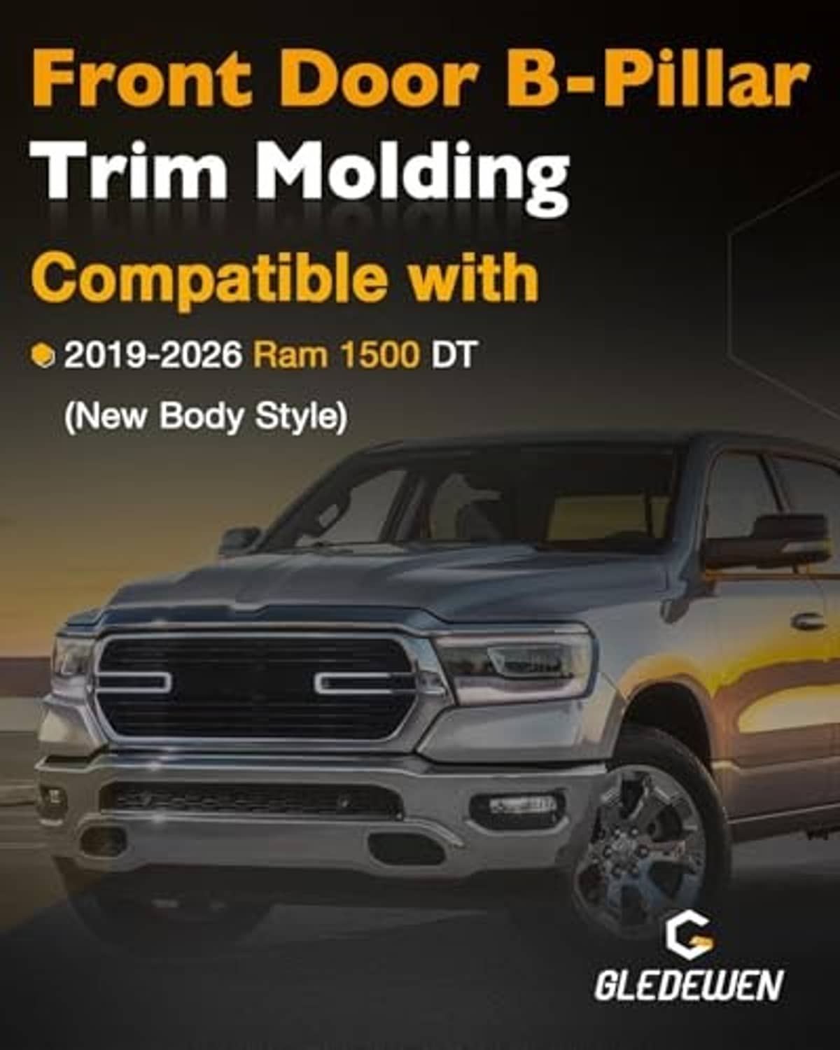 Front door B-pillar trim molding set shown on pickup with compatibility callouts
