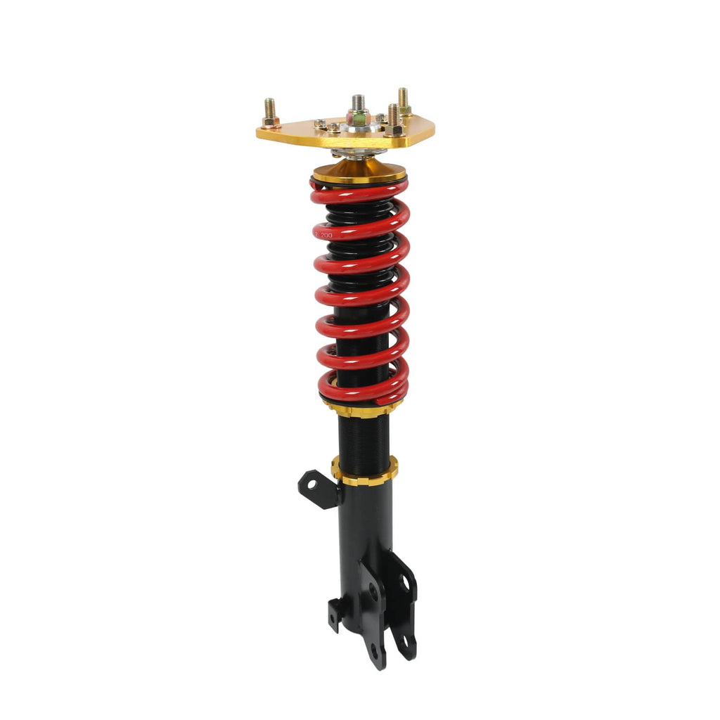 Single coilover strut with red coil spring, black body, and gold top mount
