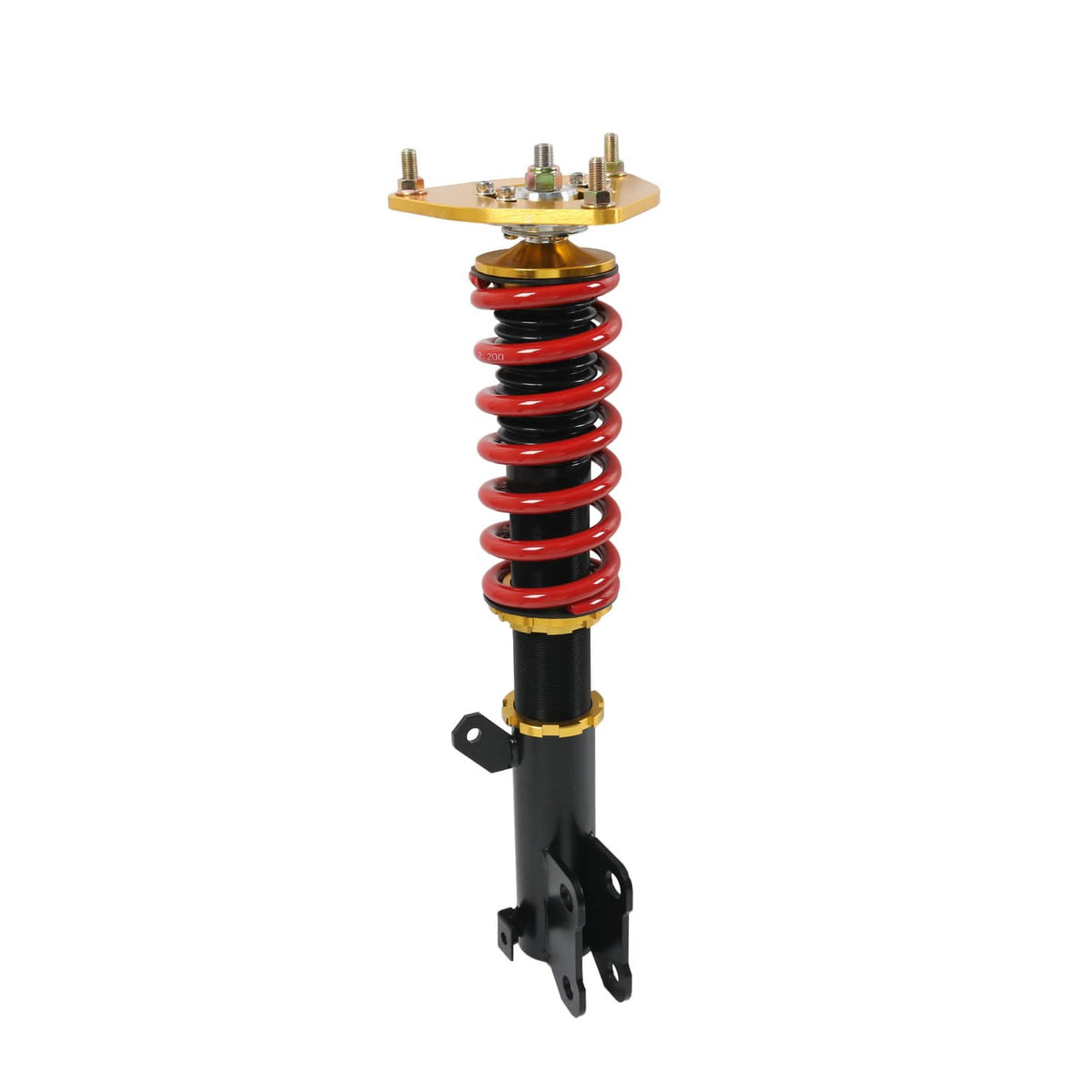 Single coilover strut with red coil spring, black body, and gold top mount