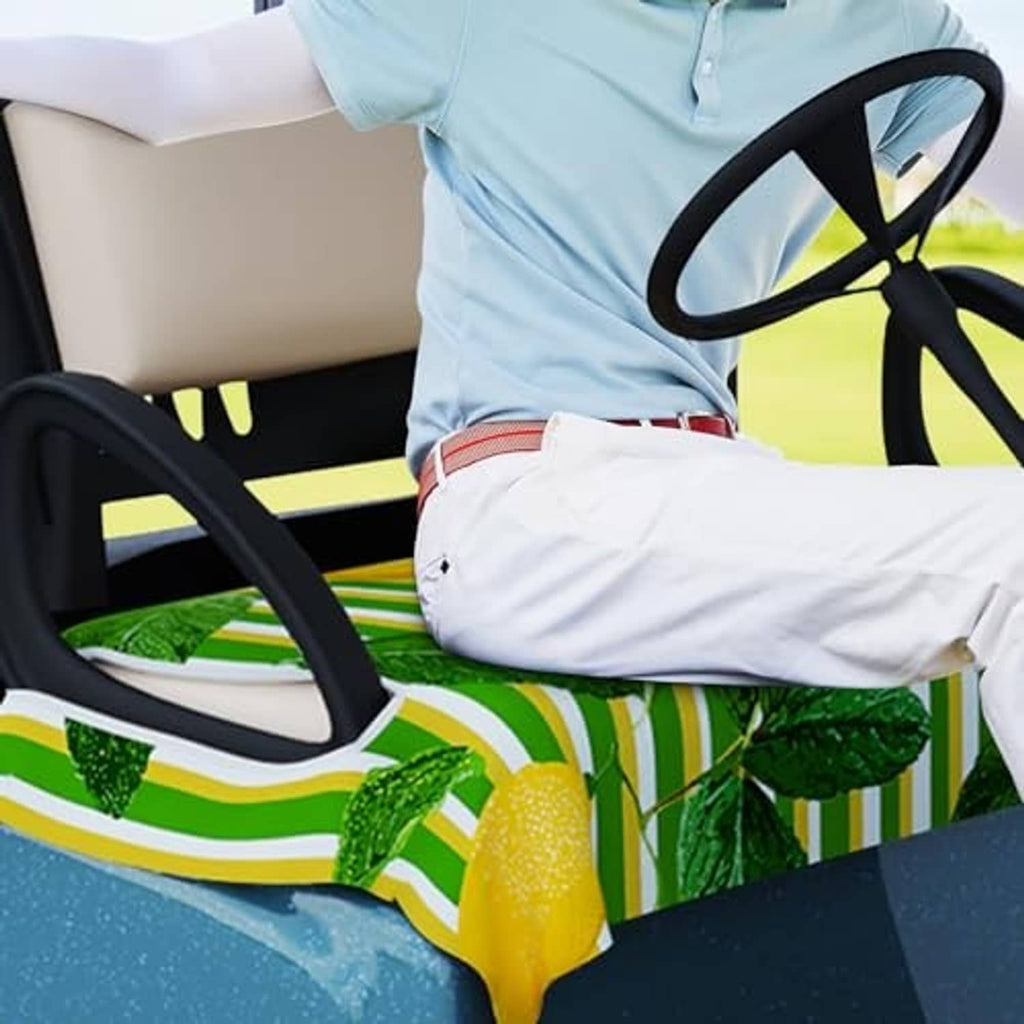 Green and white striped lemon-pattern bench seat cover with smooth microfiber surface