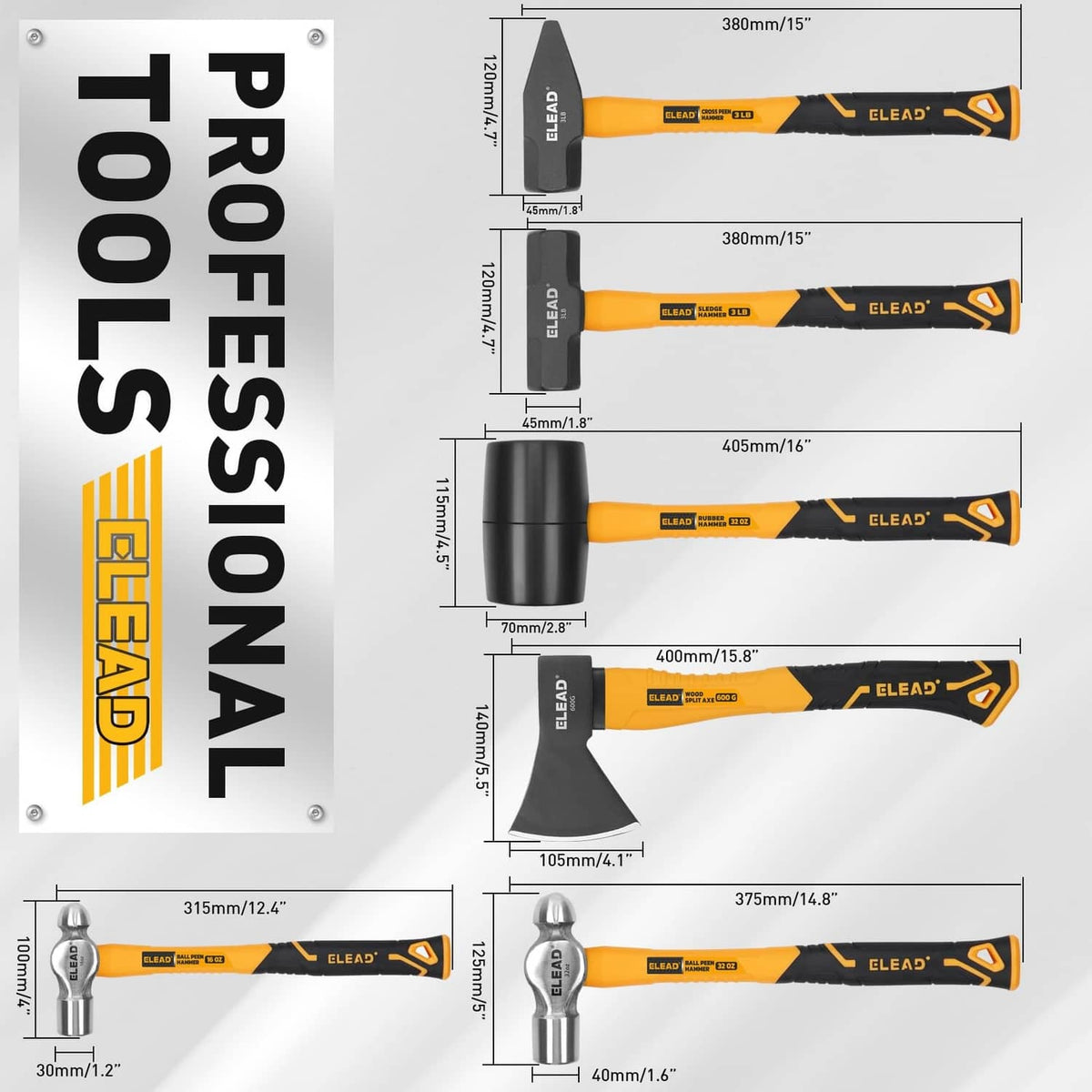Hammer set with multiple heads, shown with size measurements and orange/yellow handles