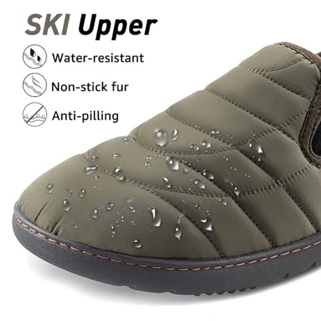 Army green loafer slipper toe with water droplets on quilted padded upper
