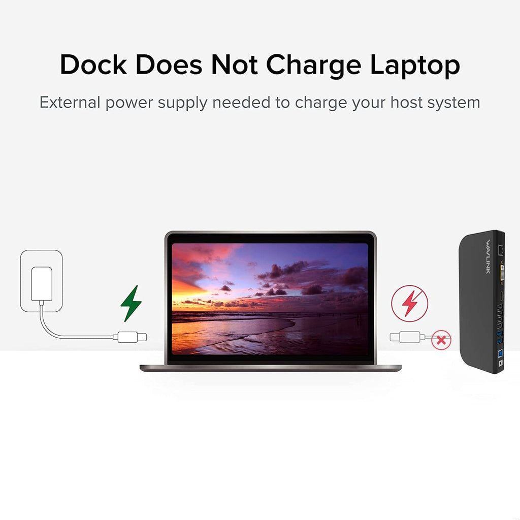 WAVLINK USB laptop docking station, black, with cables connected to a laptop screen