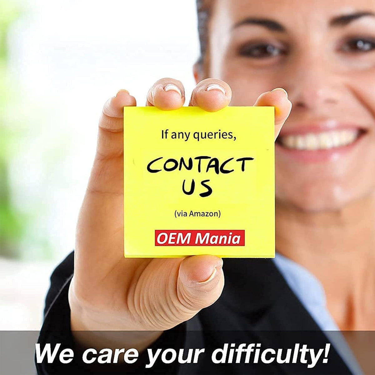 Customer service contact promotional card with smile and OEM Mania logo