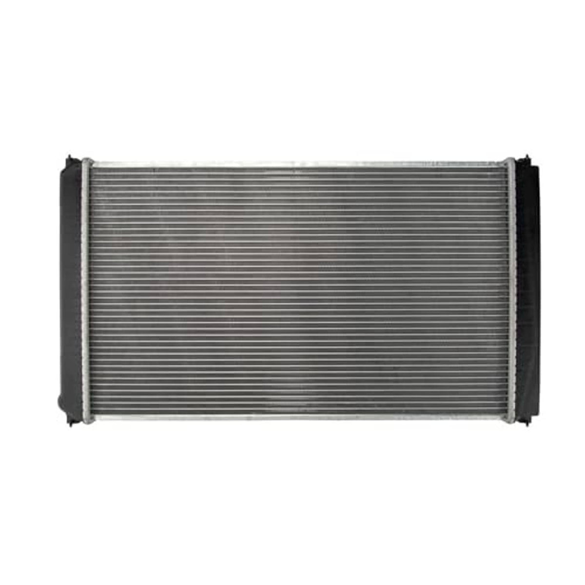 Rectangular auto radiator featuring silver fin core and black side end tanks.