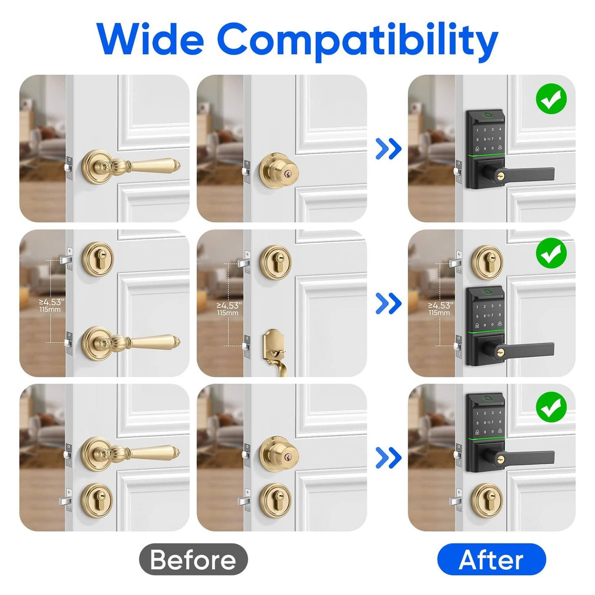 Smart keypad door lock compatibility with different door hardware styles shown