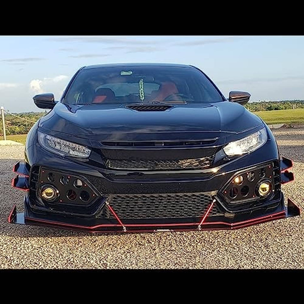 Front view of vehicle with red adjustable bumper lip splitter and two red strut rods