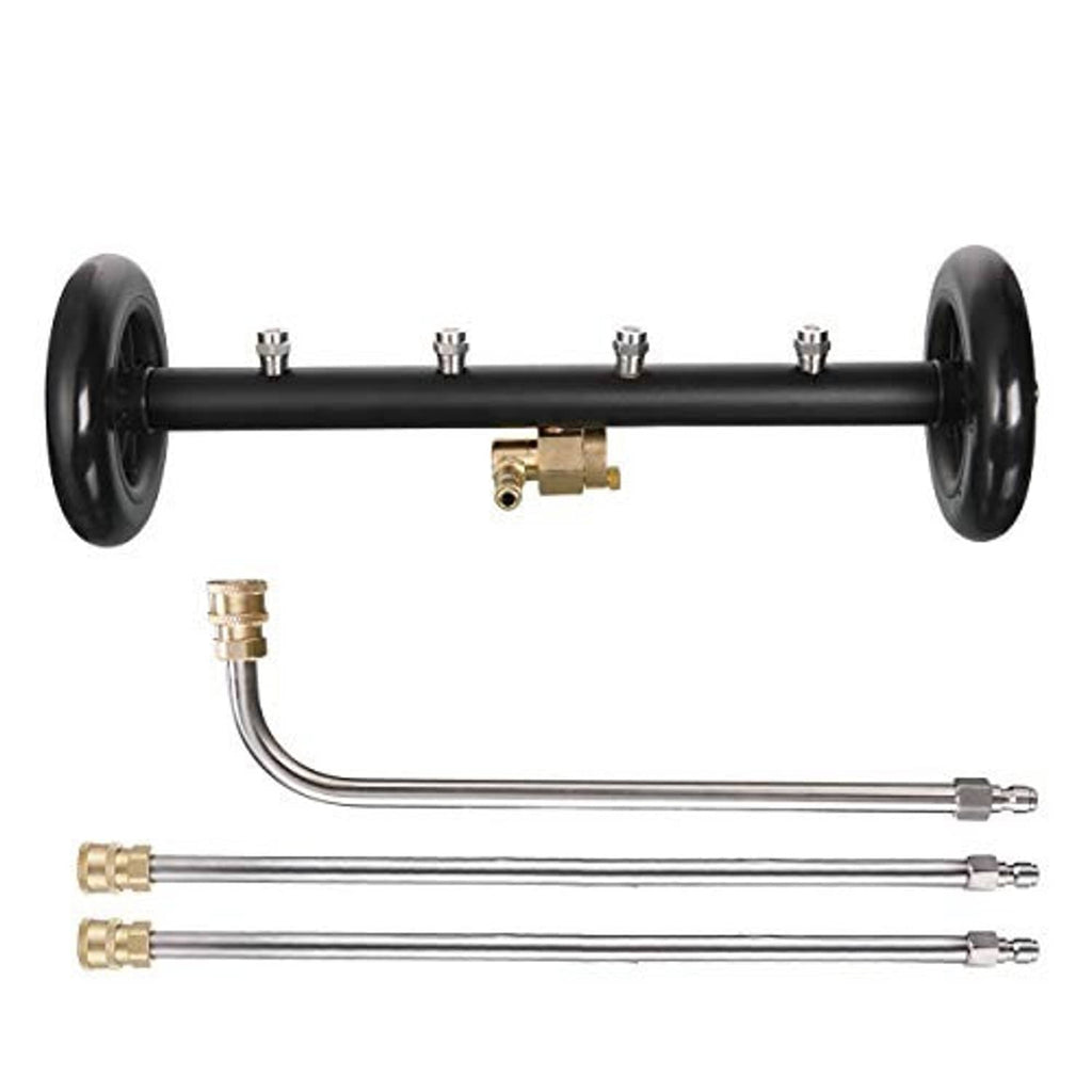 Dual-function undercarriage cleaner attachment with two large wheels and 2 extension wands