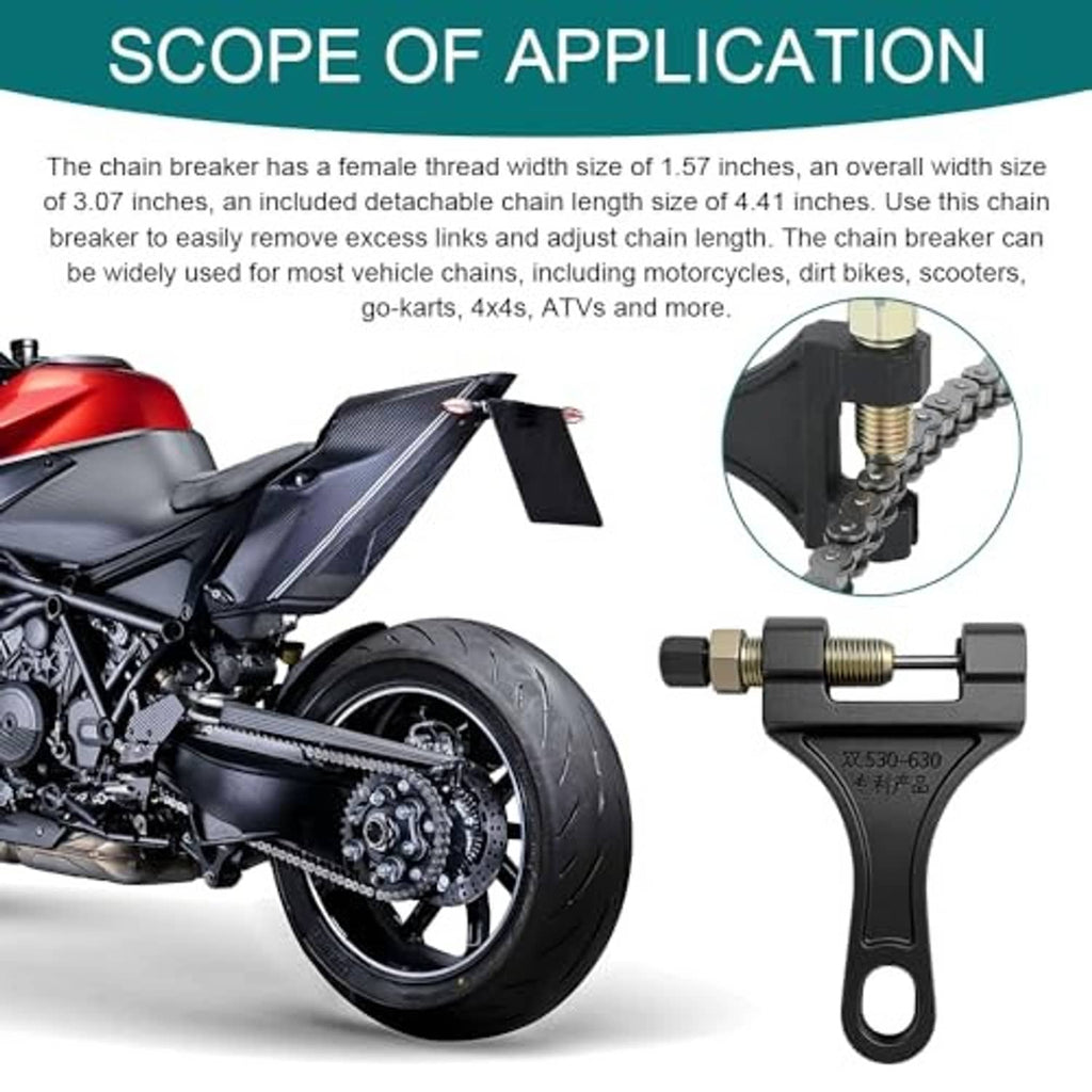 Universal motorcycle chain breaker tool for 530–630 chain links, includes pin punch