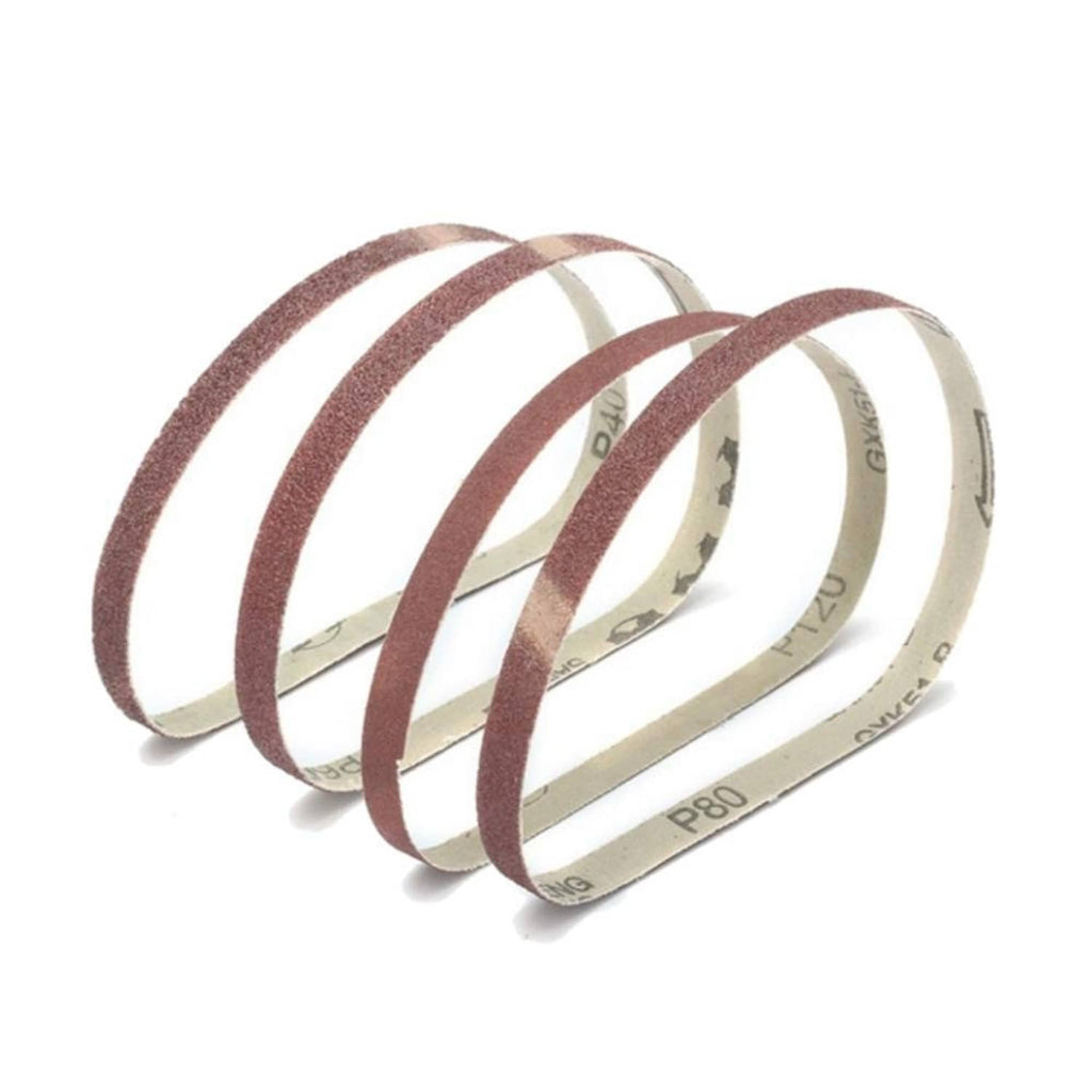 Reddish-brown sanding belts with grit markings on the white backing