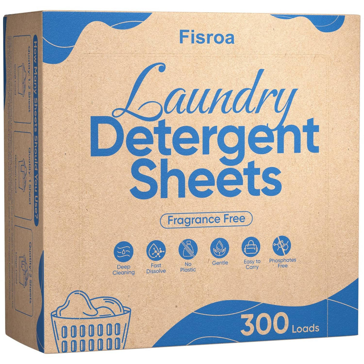 Fragrance-free laundry detergent sheets box, beige packaging with blue label