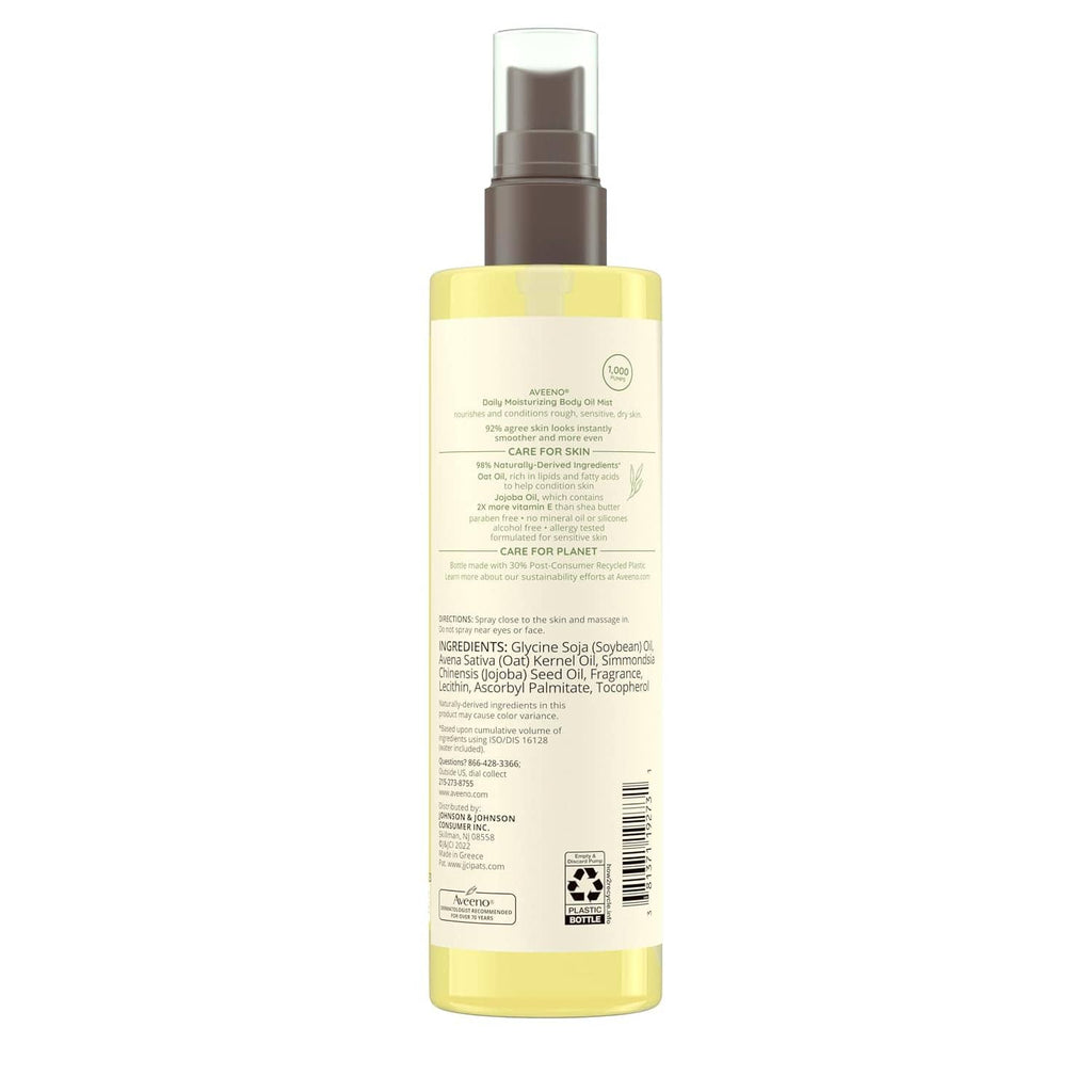 Aveeno Daily Moisturizing Body Oil Mist bottle back label, yellow bottle with brown sprayer