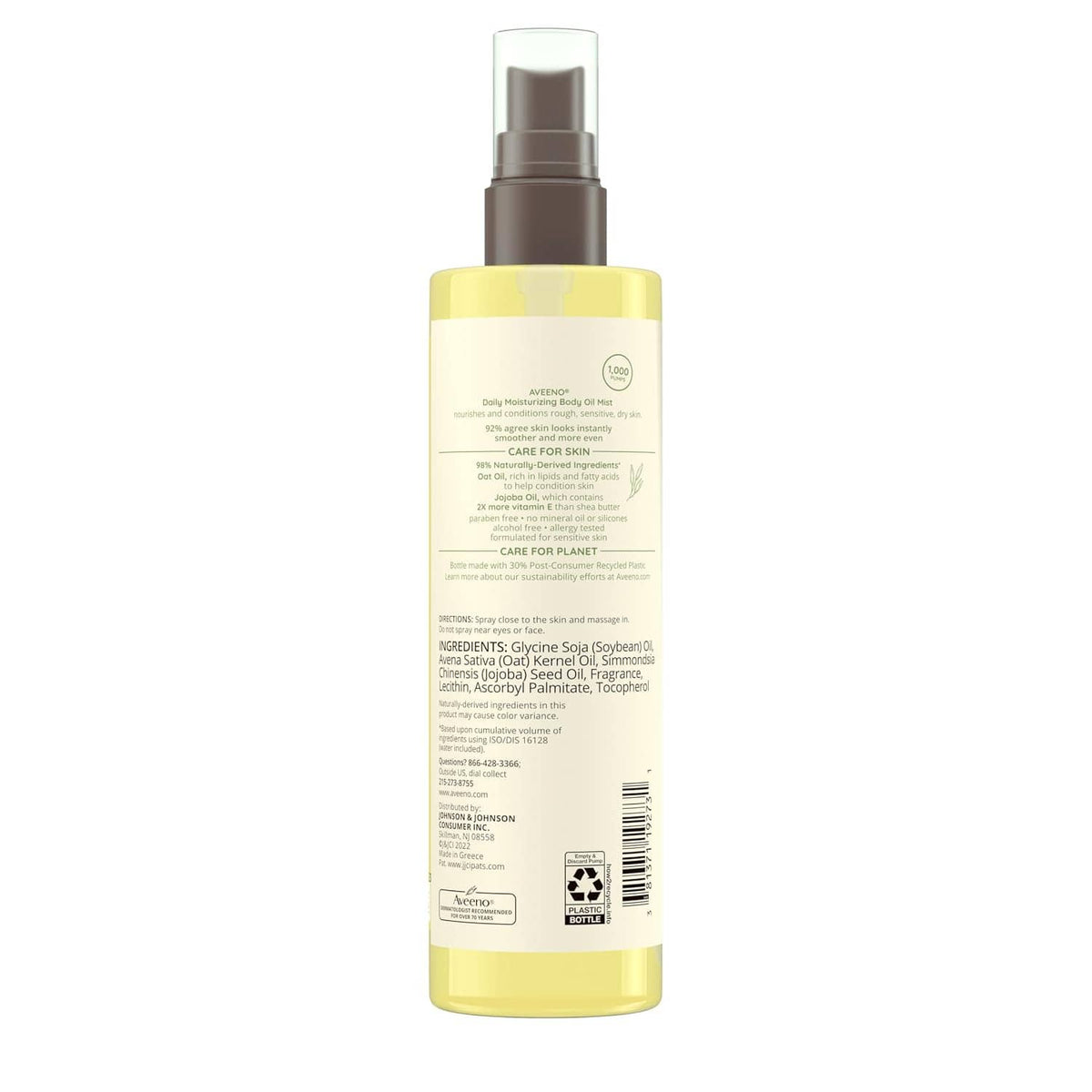 Aveeno Daily Moisturizing Body Oil Mist bottle back label, yellow bottle with brown sprayer