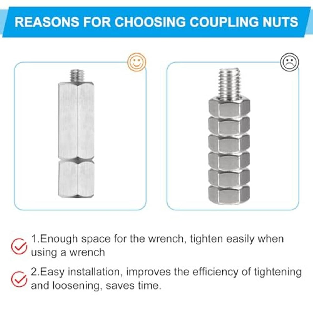 Stainless steel hex coupling nuts, compact hex body with internal threaded hole