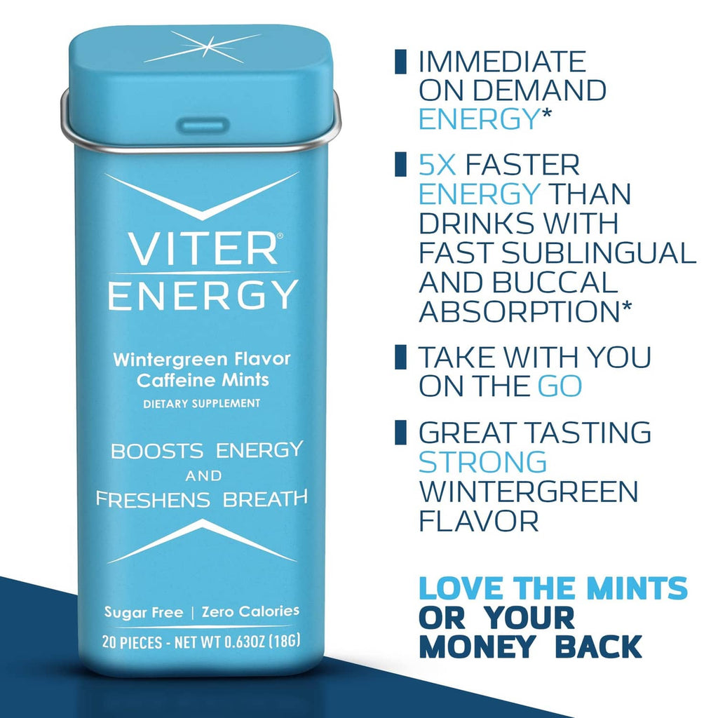 Viter Energy wintergreen caffeinated mints tin with 20 pieces and sugar-free zero calories