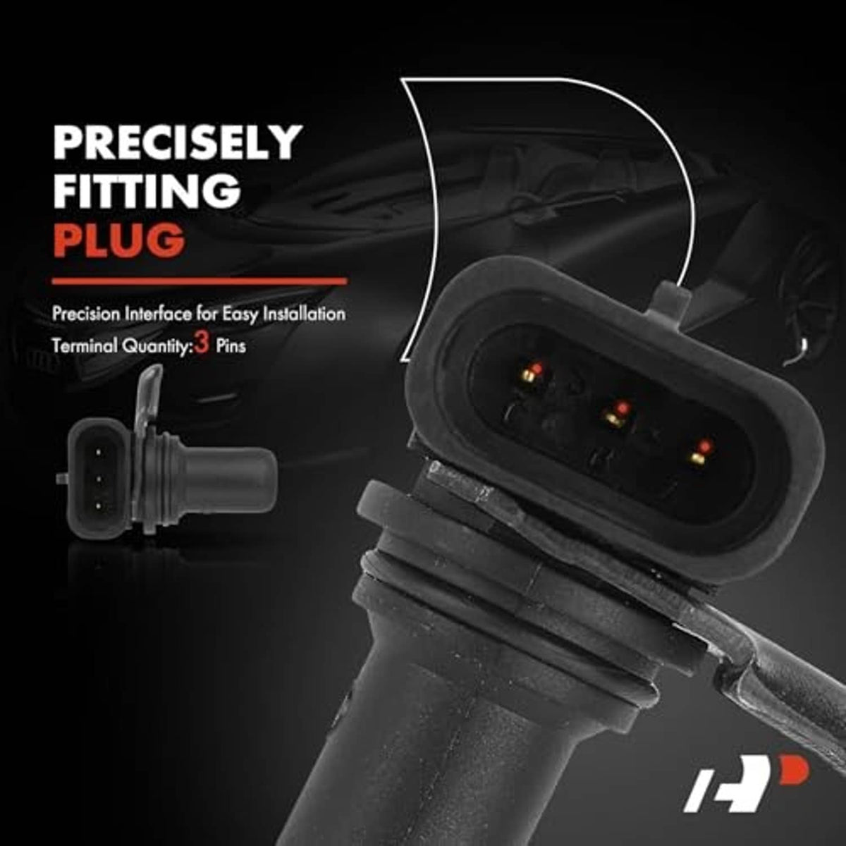 Camshaft position sensor with connector plug and precisely fitted terminal pins