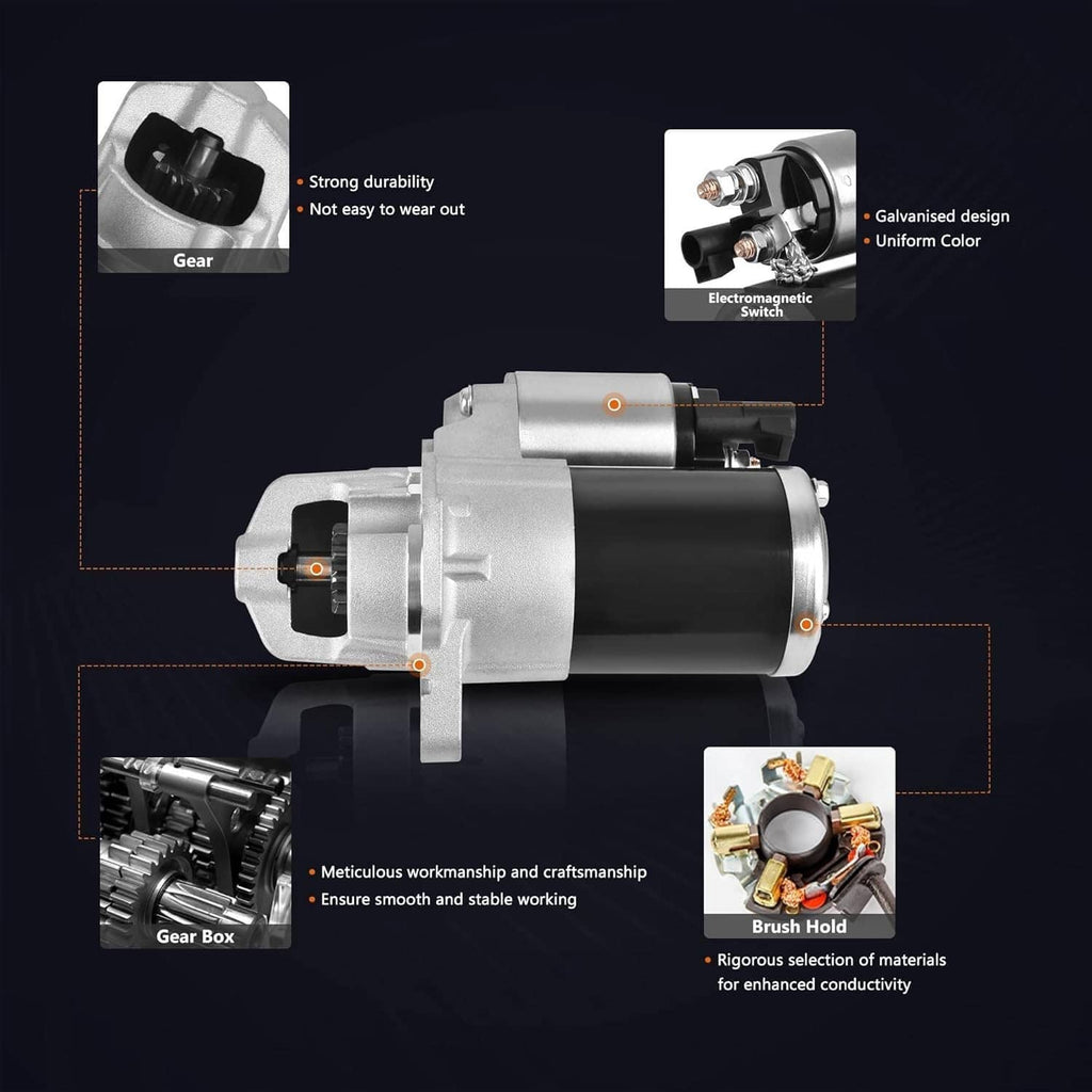 Starter motor assembly diagram with highlighted components and gear and switch details