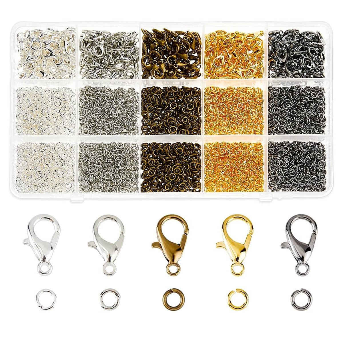 Mixed-color lobster claw clasps and open jump rings in divided storage box, assorted finishes