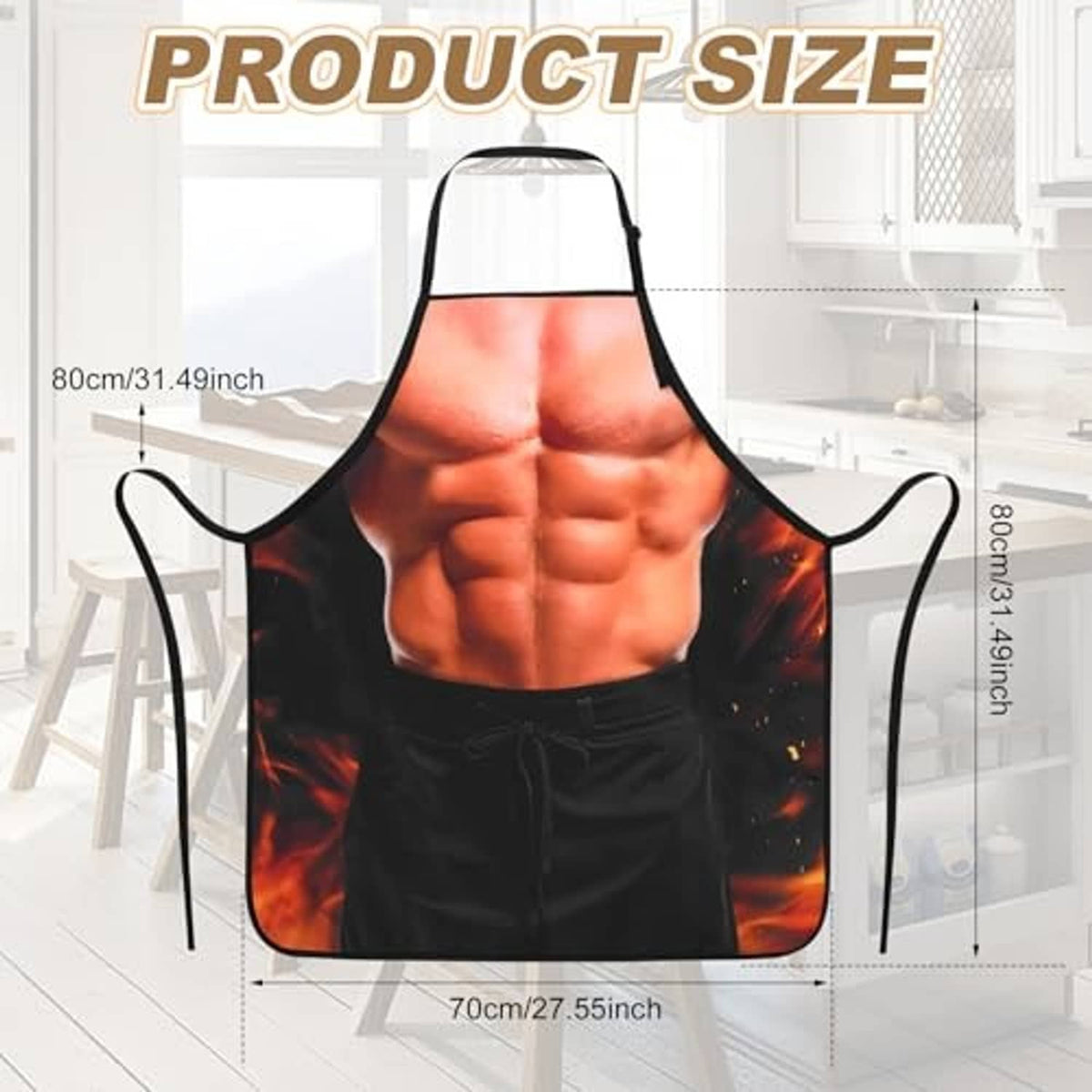 Black apron with orange muscular torso graphic and wide bib front