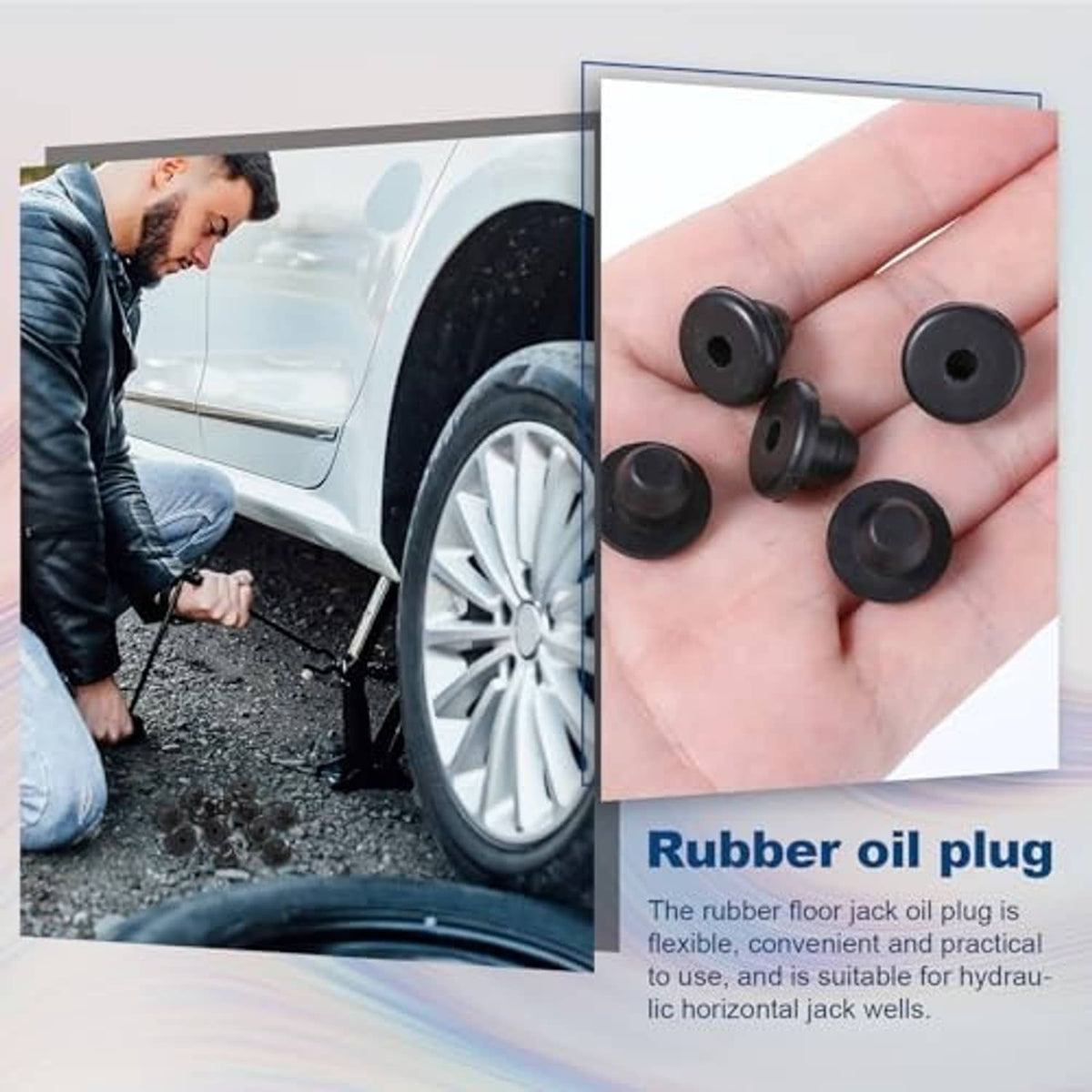 Black rubber oil plug caps for floor jacks, multiple pieces shown in a hand