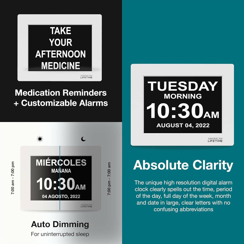 Wall digital dementia clock with customizable medication reminder screen and large time display
