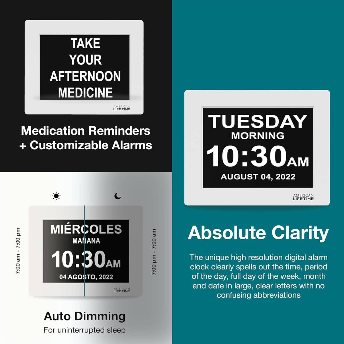 Wall digital dementia clock with customizable medication reminder screen and large time display