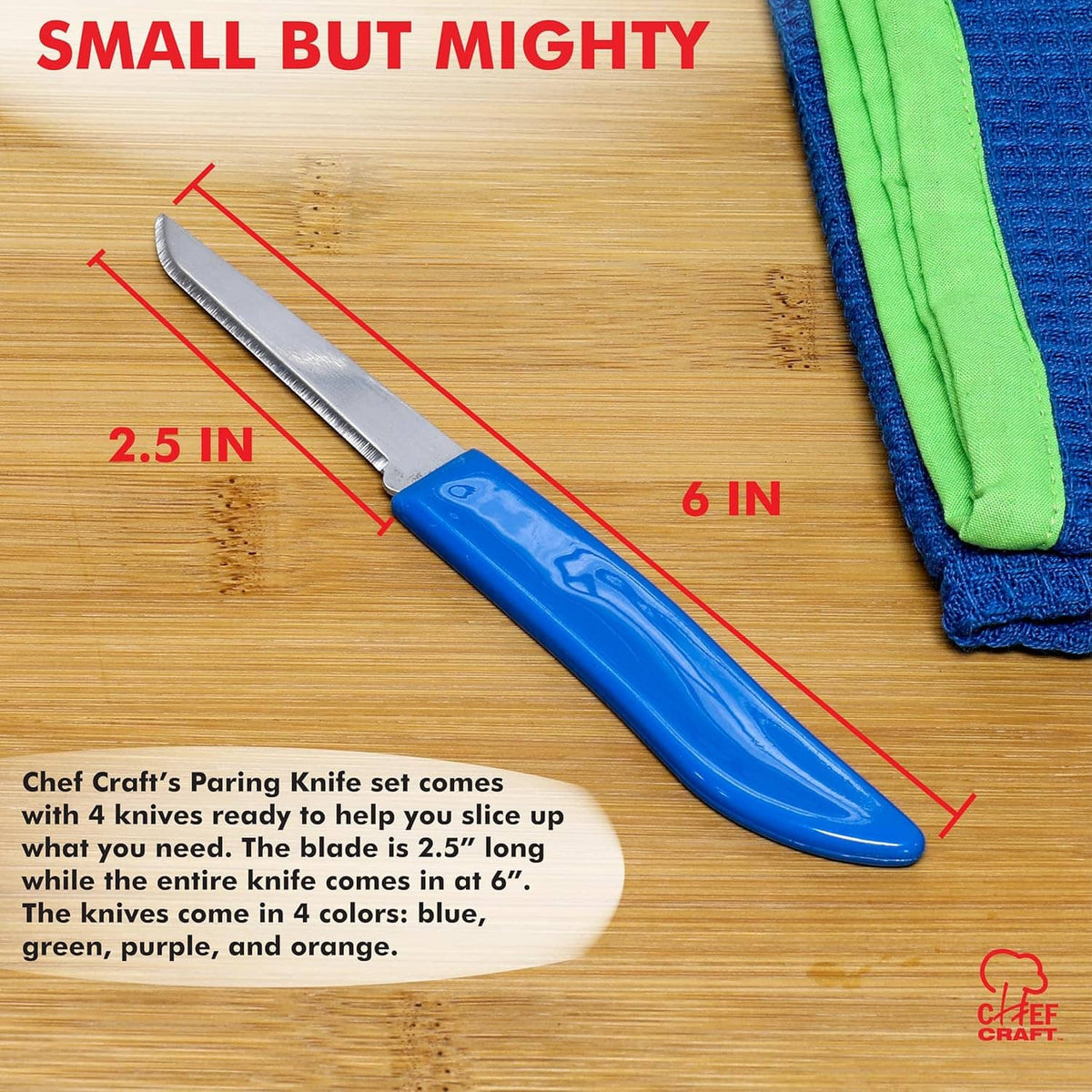Paring knife with short silver blade and blue ergonomic handle
