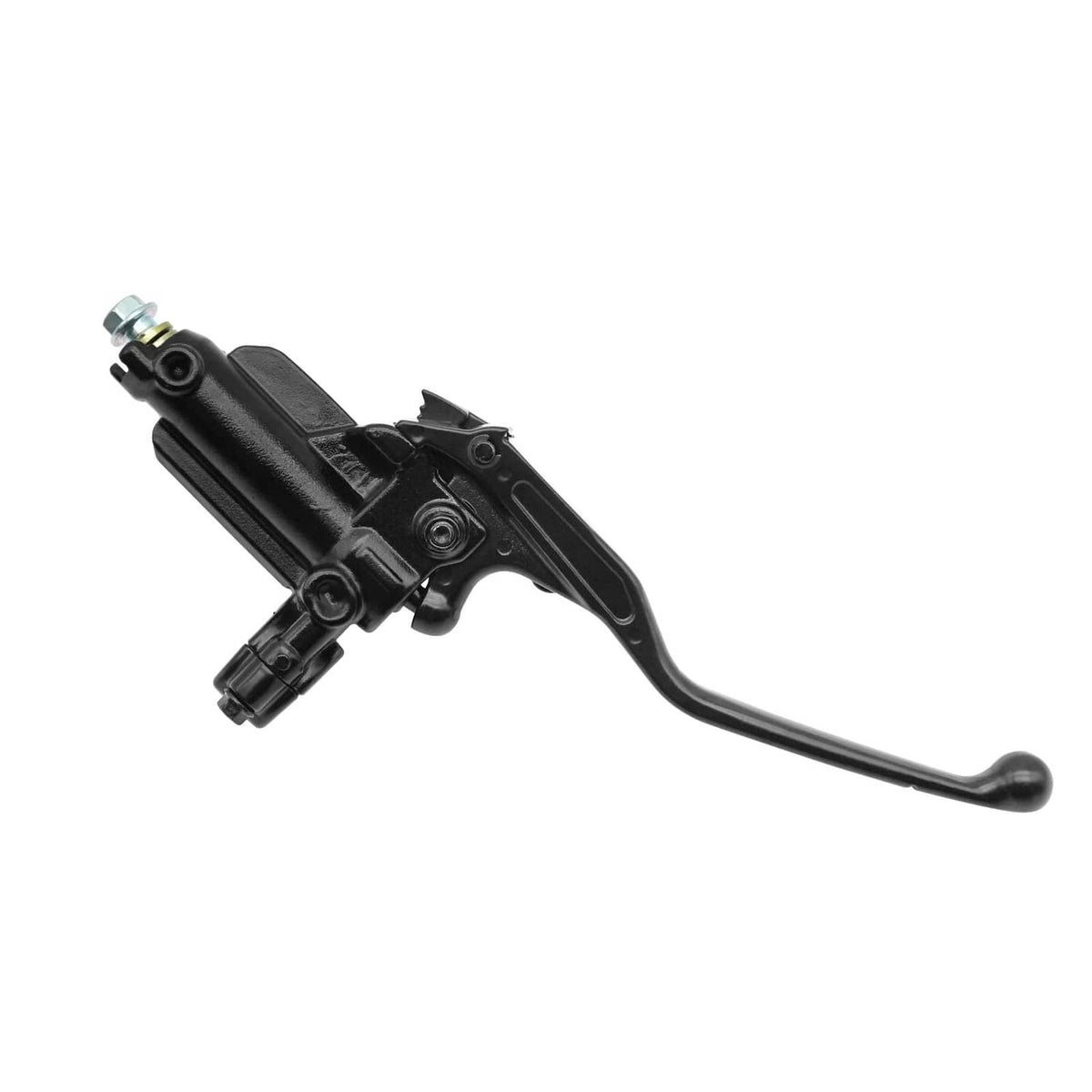 Front left brake master cylinder with black lever and hydraulic line banjo fitting