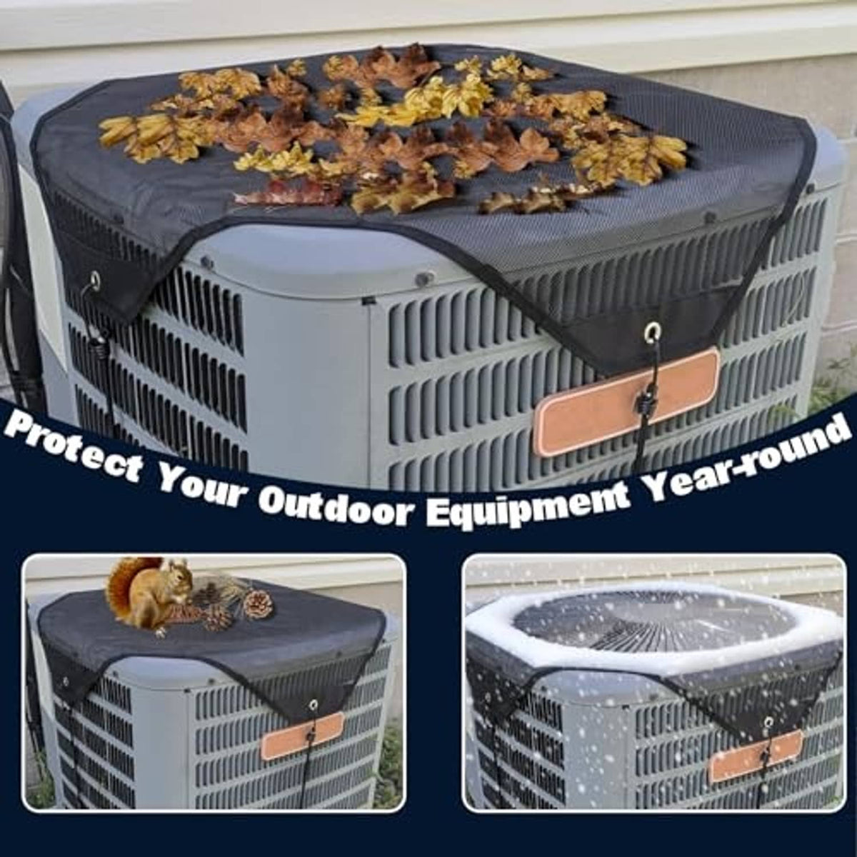 Black mesh outdoor AC cover with corner hooks and elastic bungee cords