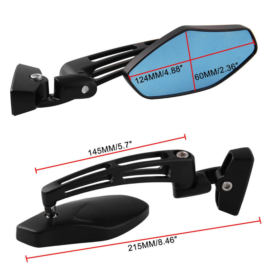 Pair blue-tinted side mirrors with black housings with marked fit and size dimensions