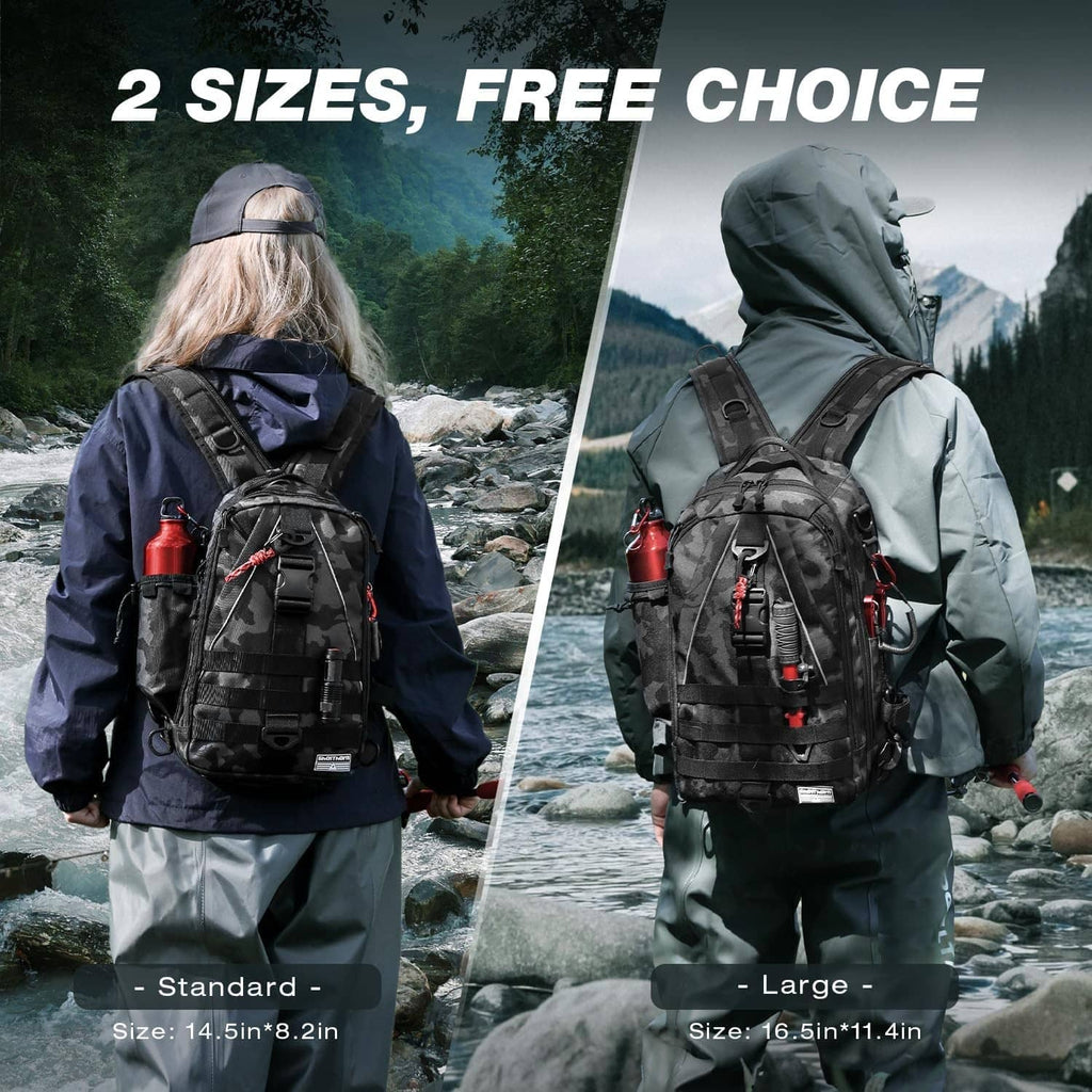 Black camouflage fishing backpack shown in standard and large sizes on the back