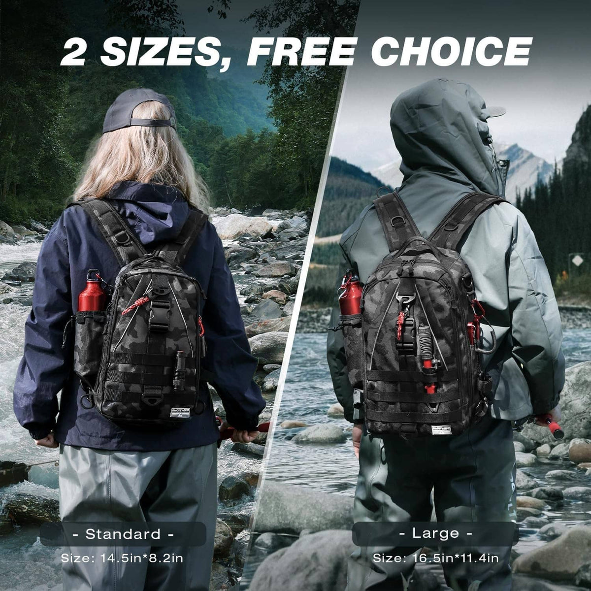 Black camouflage fishing backpack shown in standard and large sizes on the back