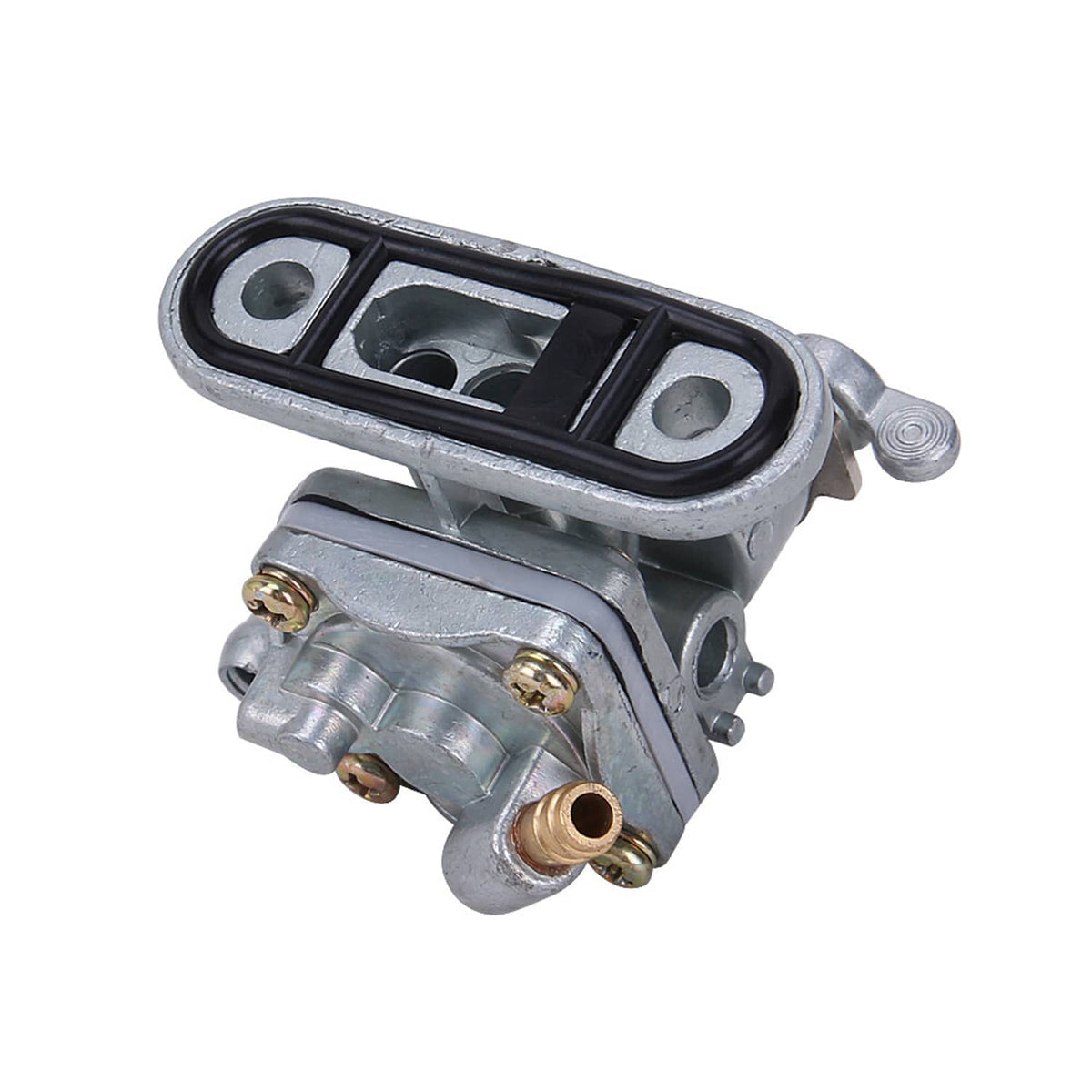 Fuel petcock switch valve close-up with inlet/outlet openings and metal base