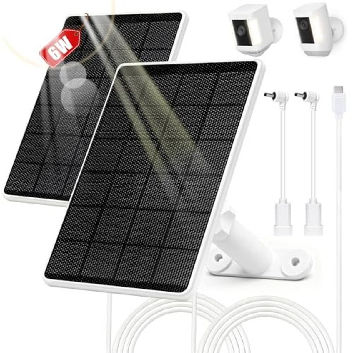 Two black solar panels with white wall mounts, cables, and 6W power label
