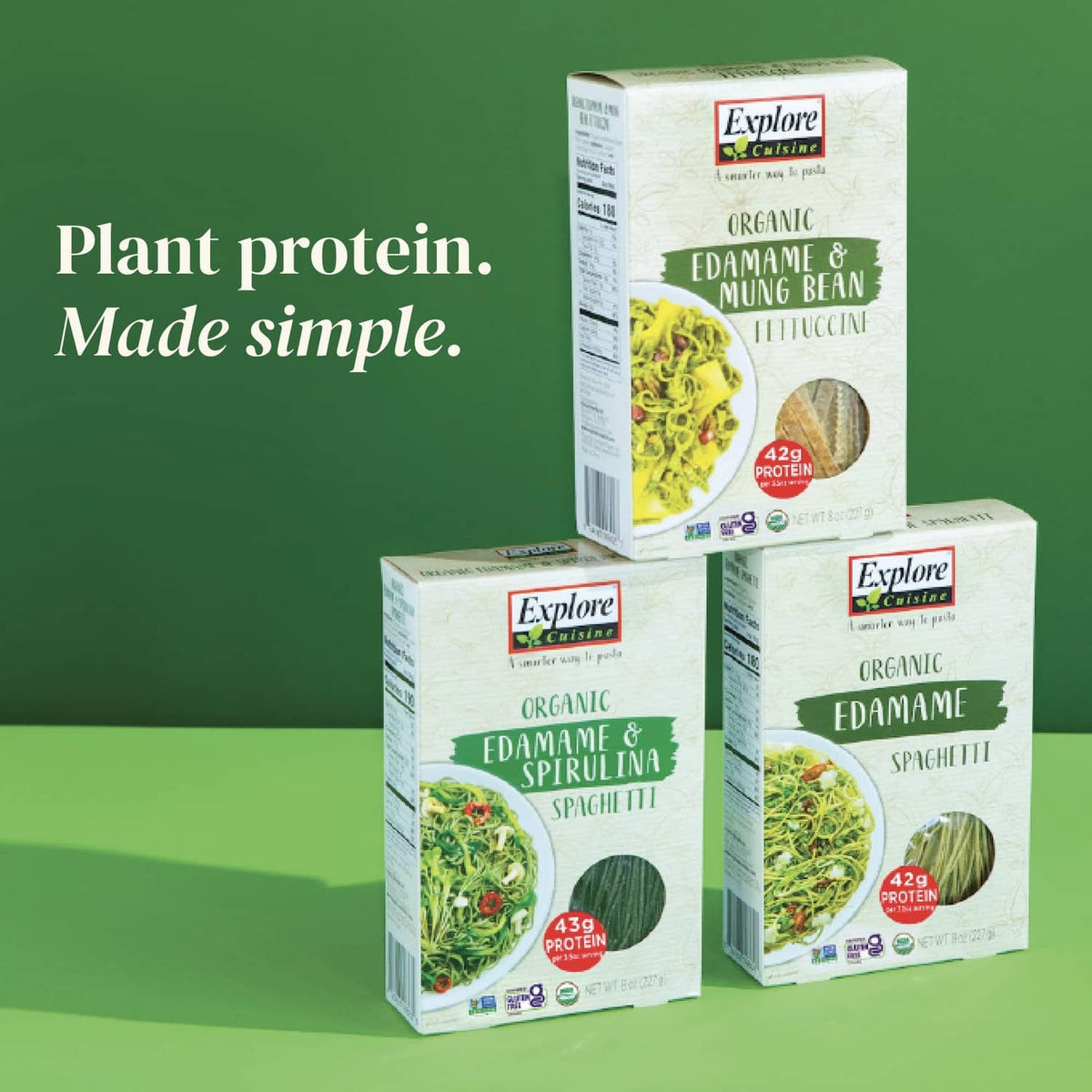 Explore Cuisine organic edamame & mung bean pasta boxes, product display