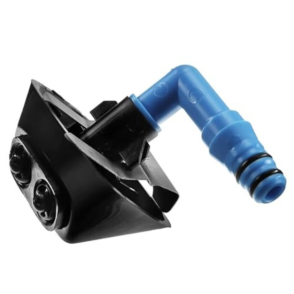 Black headlight washer nozzle jet with blue hose tube and outlet