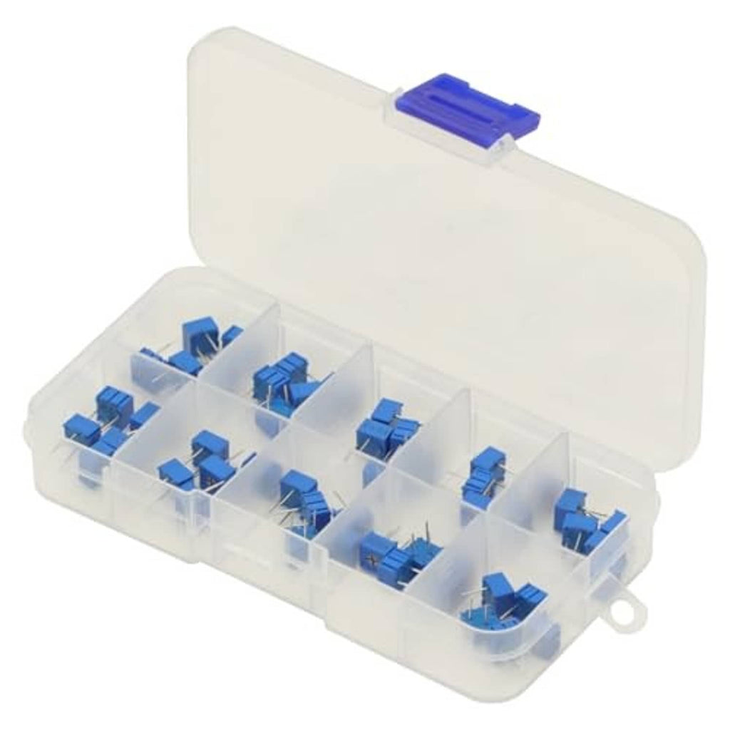Clear organizer box filled with blue 3-pin trimmer potentiometers in separate sections