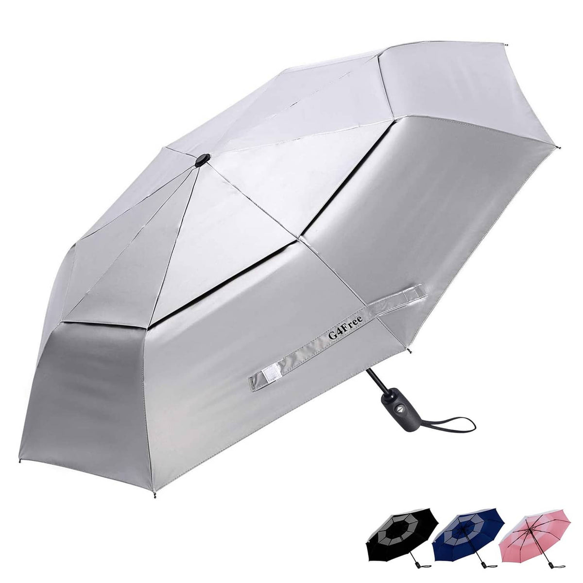 Silver and pink travel umbrella with UPF canopy and black hand strap