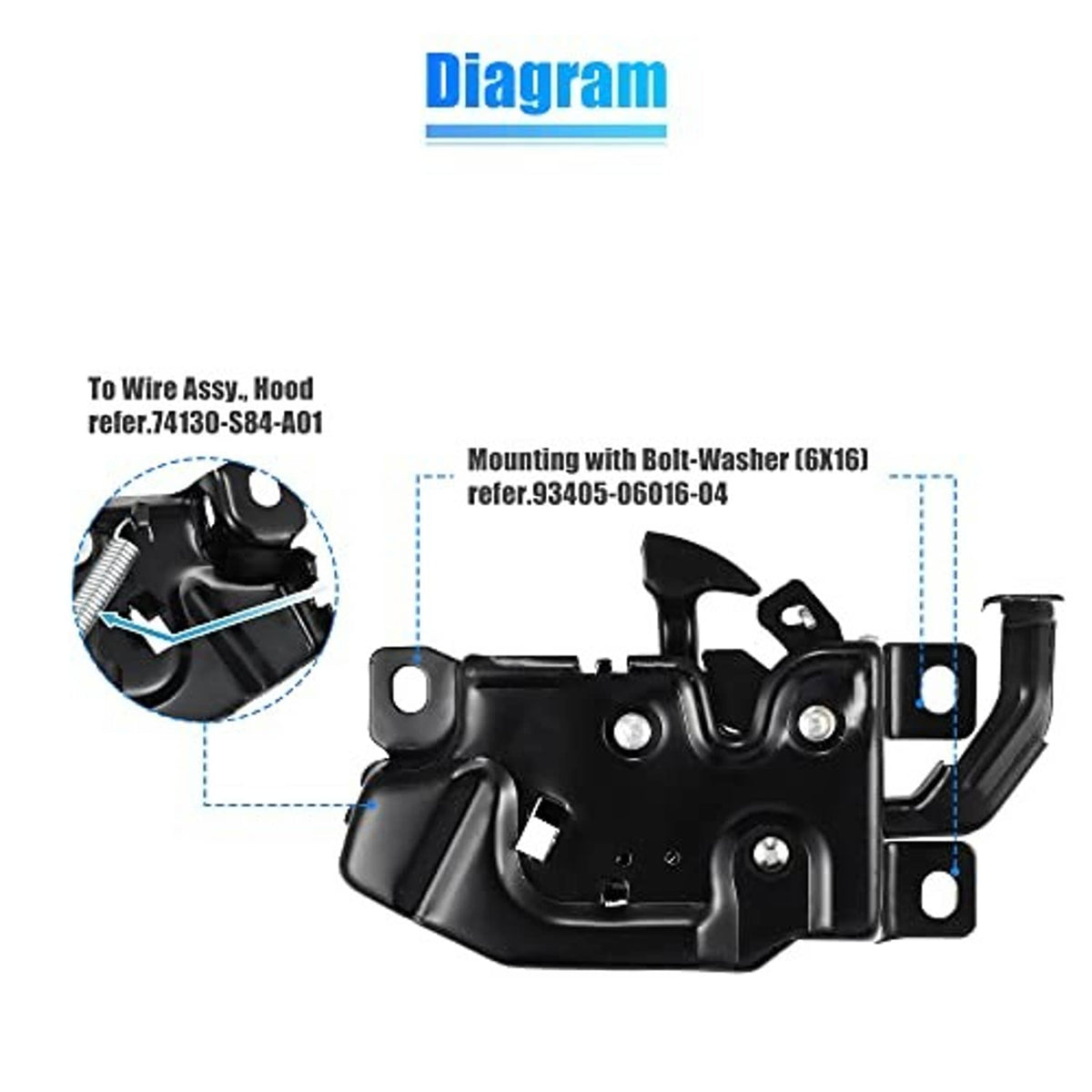 Black hood latch lock assembly with diagram callout for mounting hardware