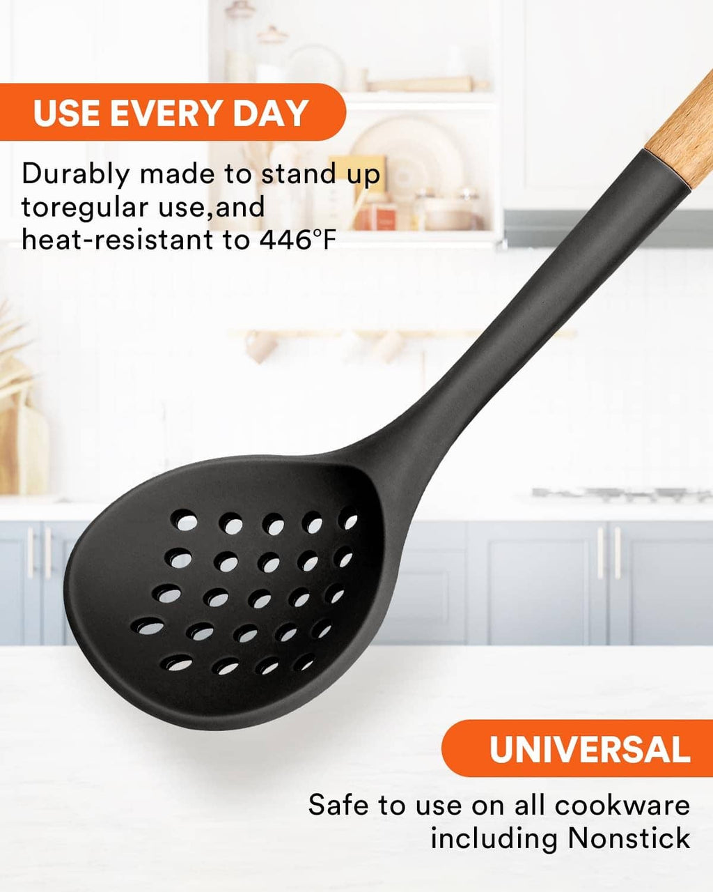 Black slotted spoon strainer with round perforated bowl and wooden handle