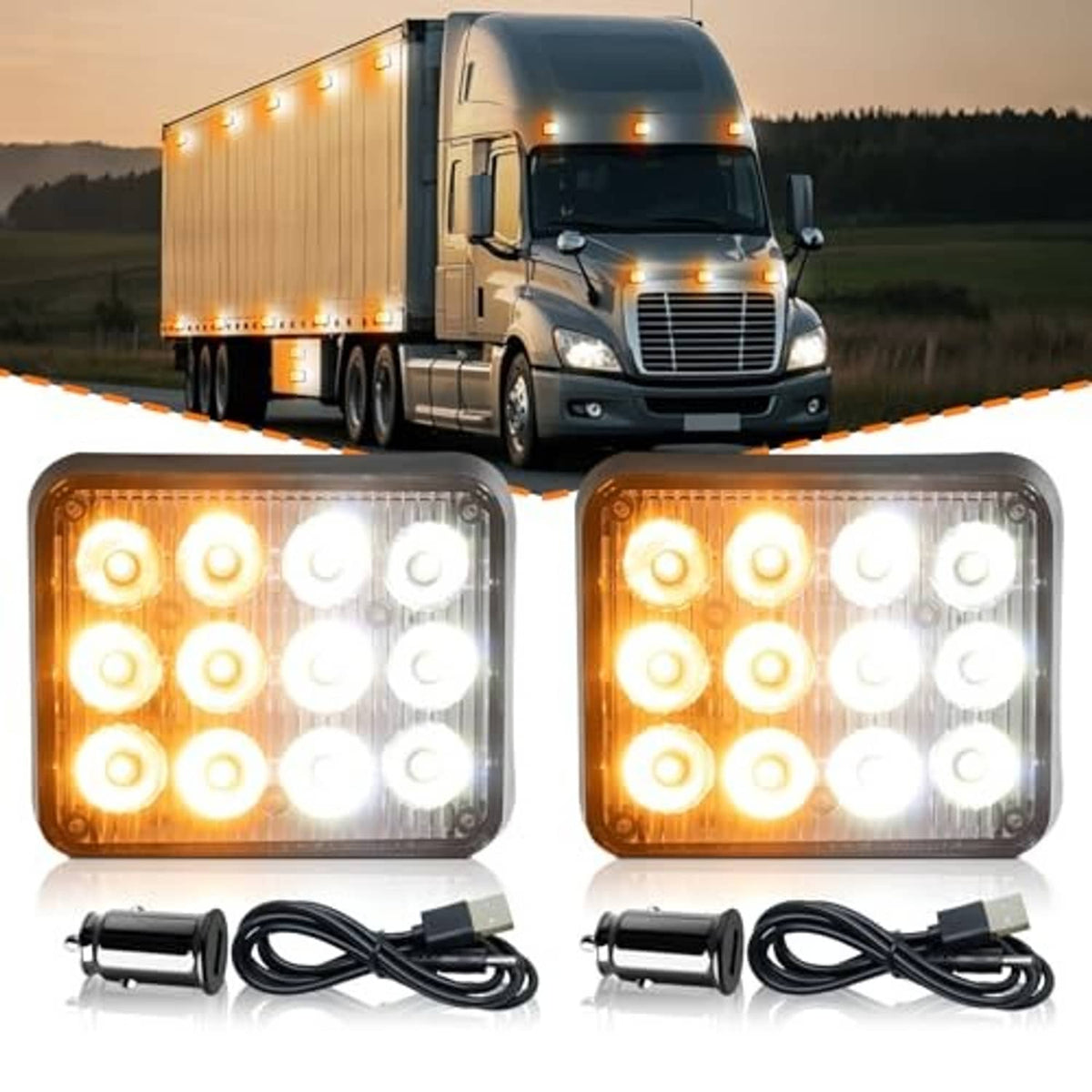Pair of magnetic truck strobe lights with amber/white LED arrays and black charging cords
