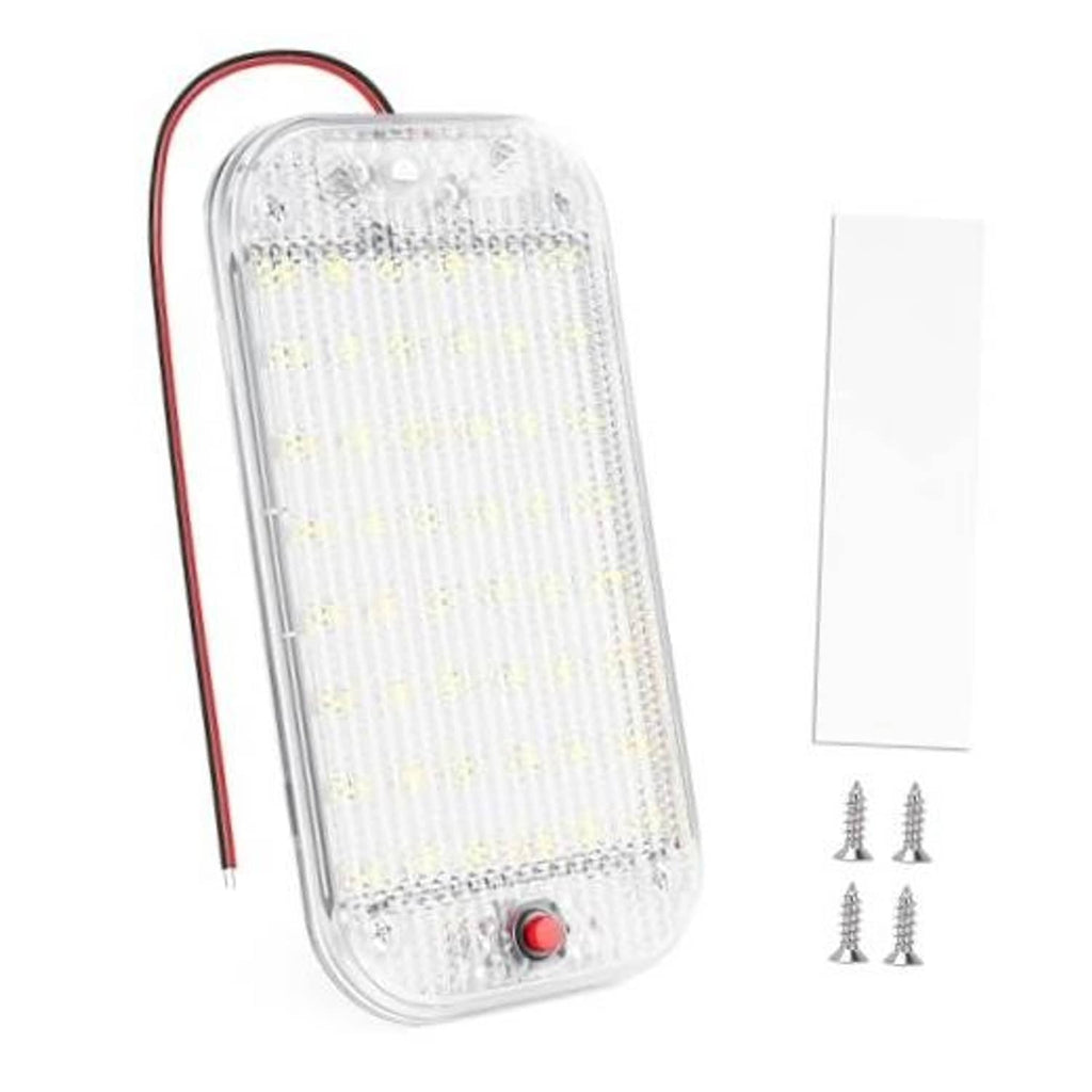 Clear RV dome light with red switch and red/black power wires, compact rectangular lens