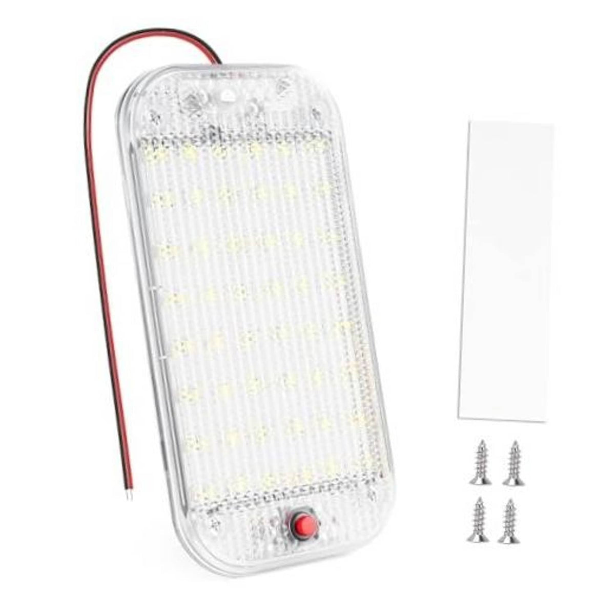 Clear RV dome light with red switch and red/black power wires, compact rectangular lens