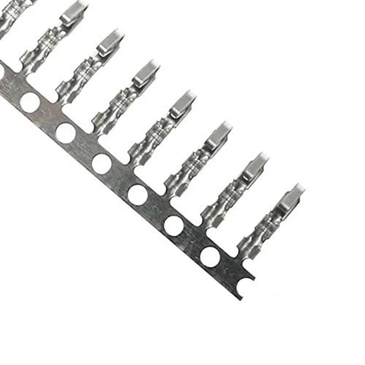 Metal crimp pin strip for 4-pin fan plug interface on black mounting plate