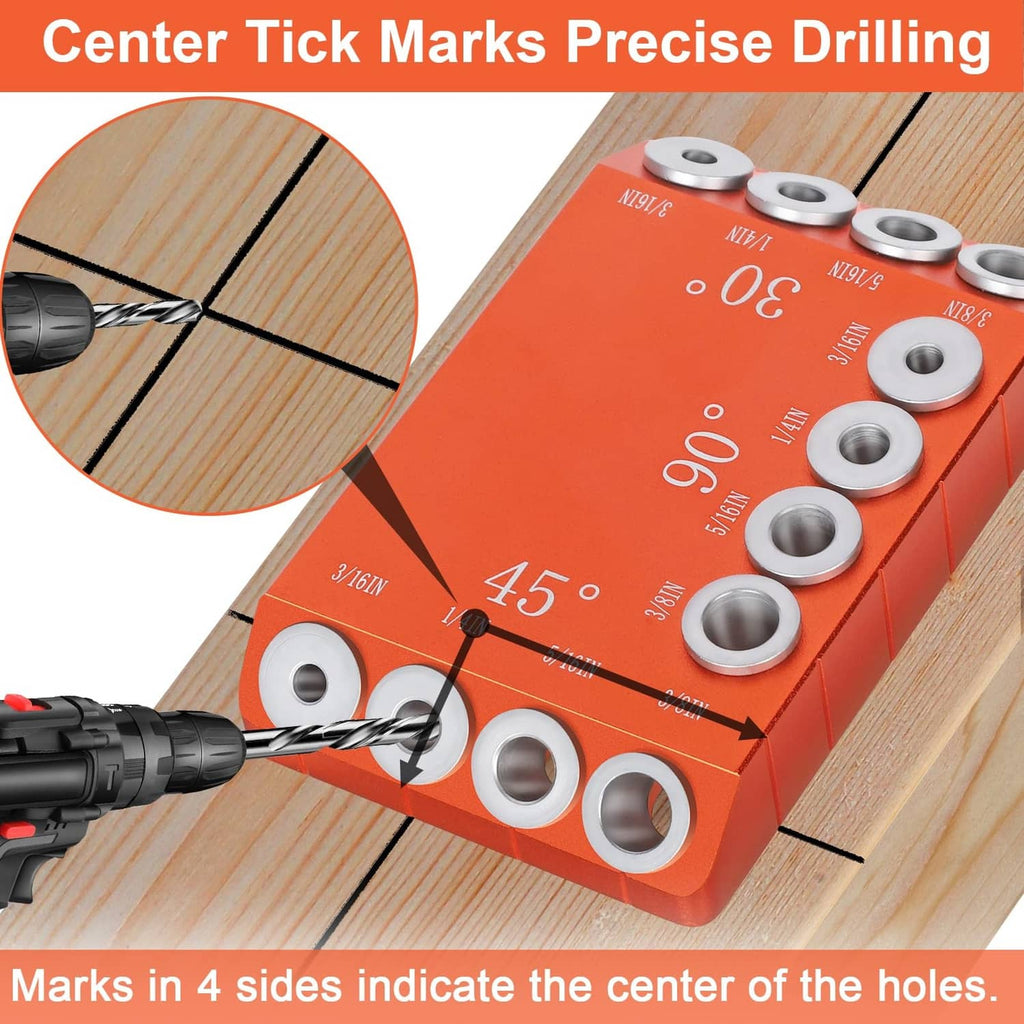 Orange drill guide jig with angled markings and centered hole guide rings