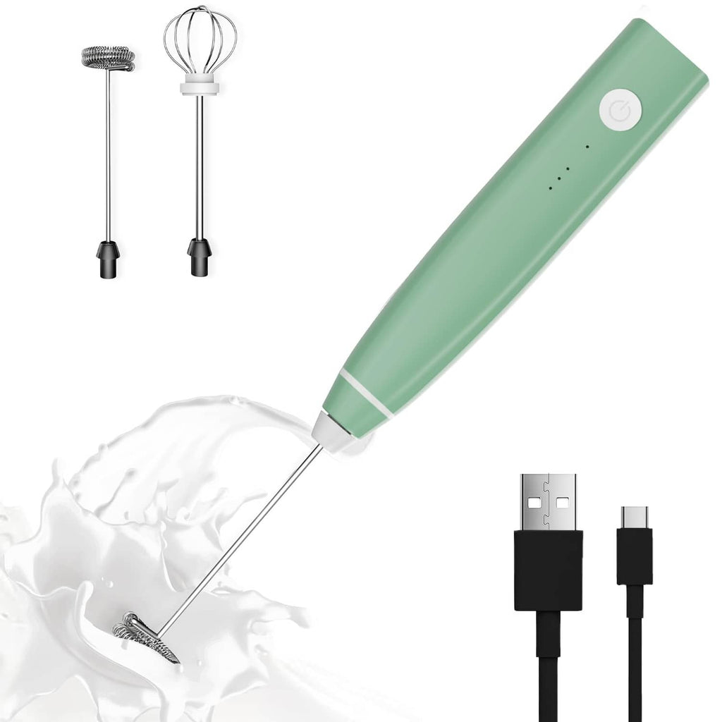 Rechargeable green handheld milk frother with two whisk attachments
