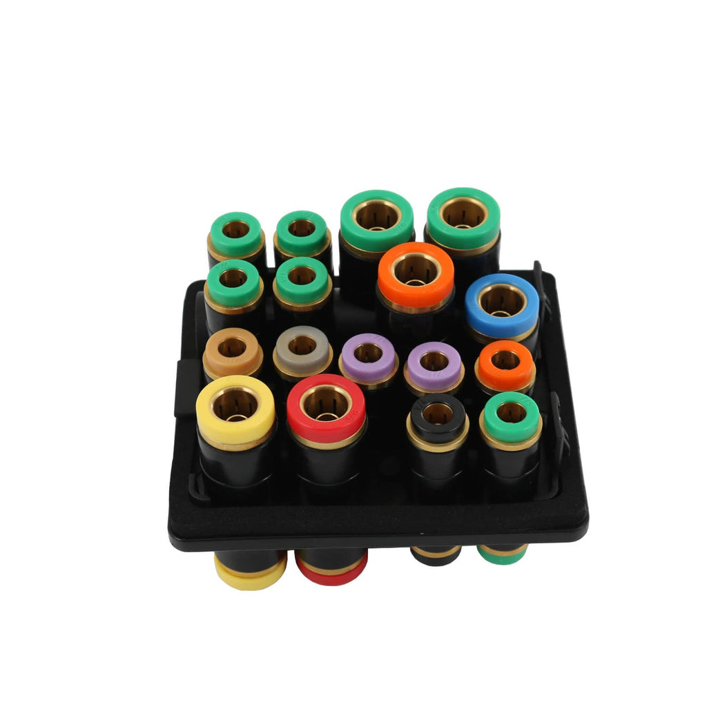 Air manifold connector block top view with multicolor fittings on black base