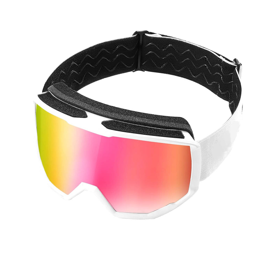 Ski goggles with white frame, pink-revo lens, and black patterned head strap