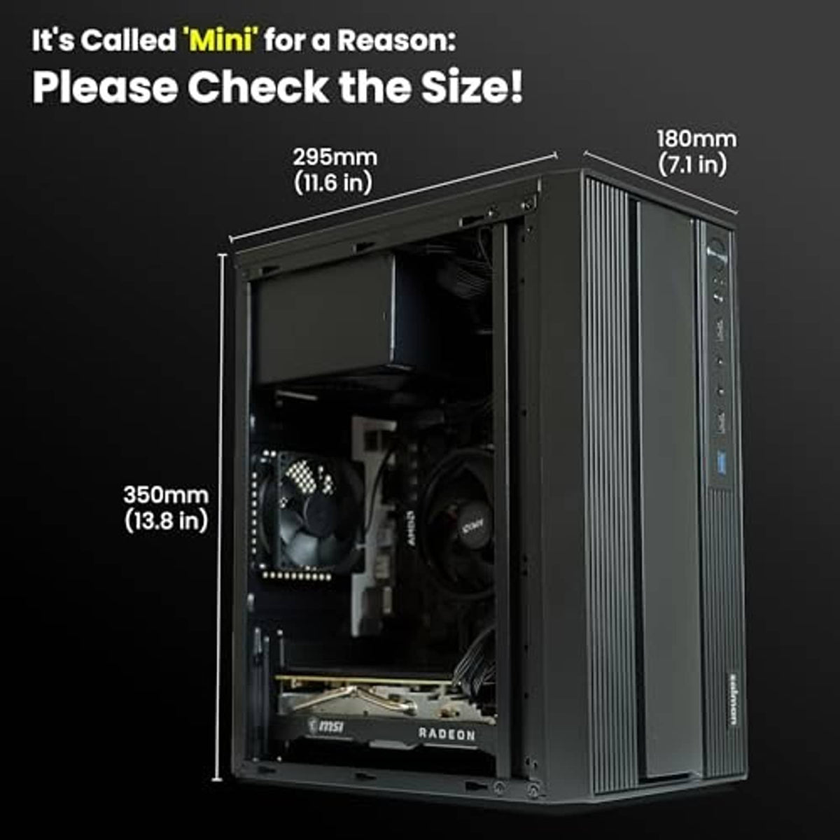 Micro ATX desktop PC case with open interior showing CPU cooler, GPU, and fans